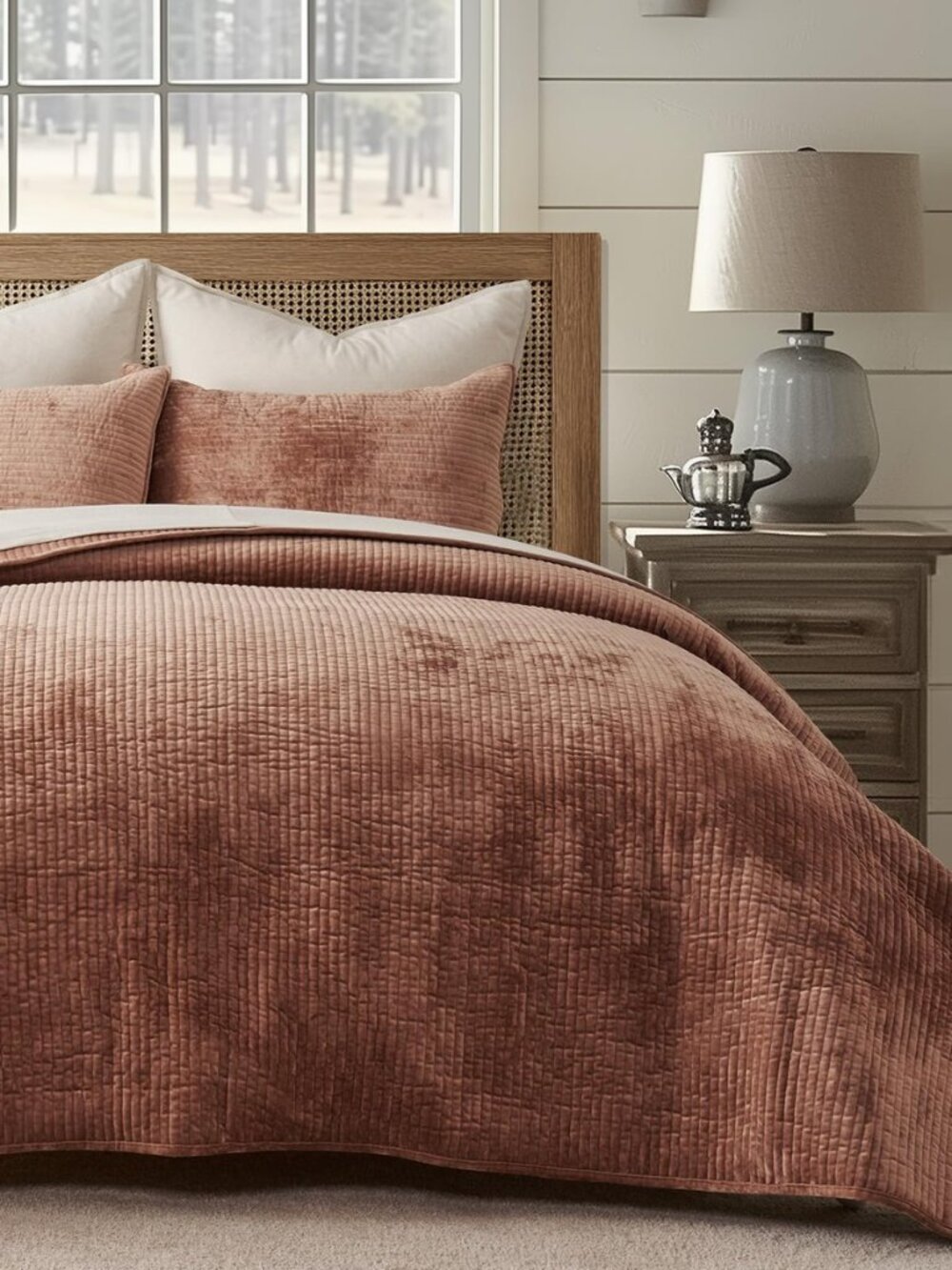 Striped Channel Velvet Quilt Set, King Size, Terracotta Clay